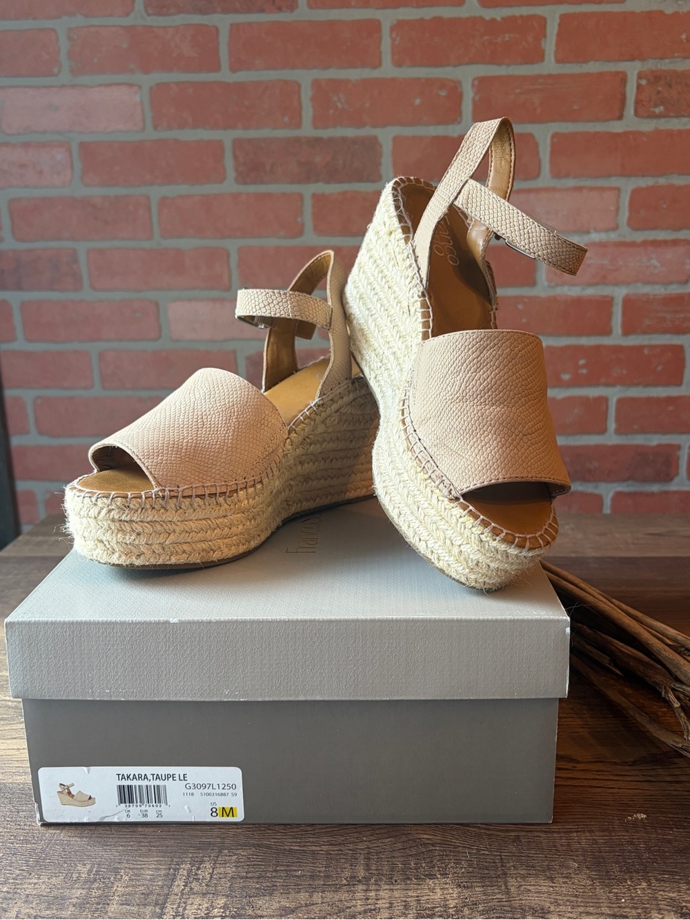 Franco Sarto 'Takara' Taupe Faux Snake Skin Espadrille Wedge Sandals -  Size 8M
